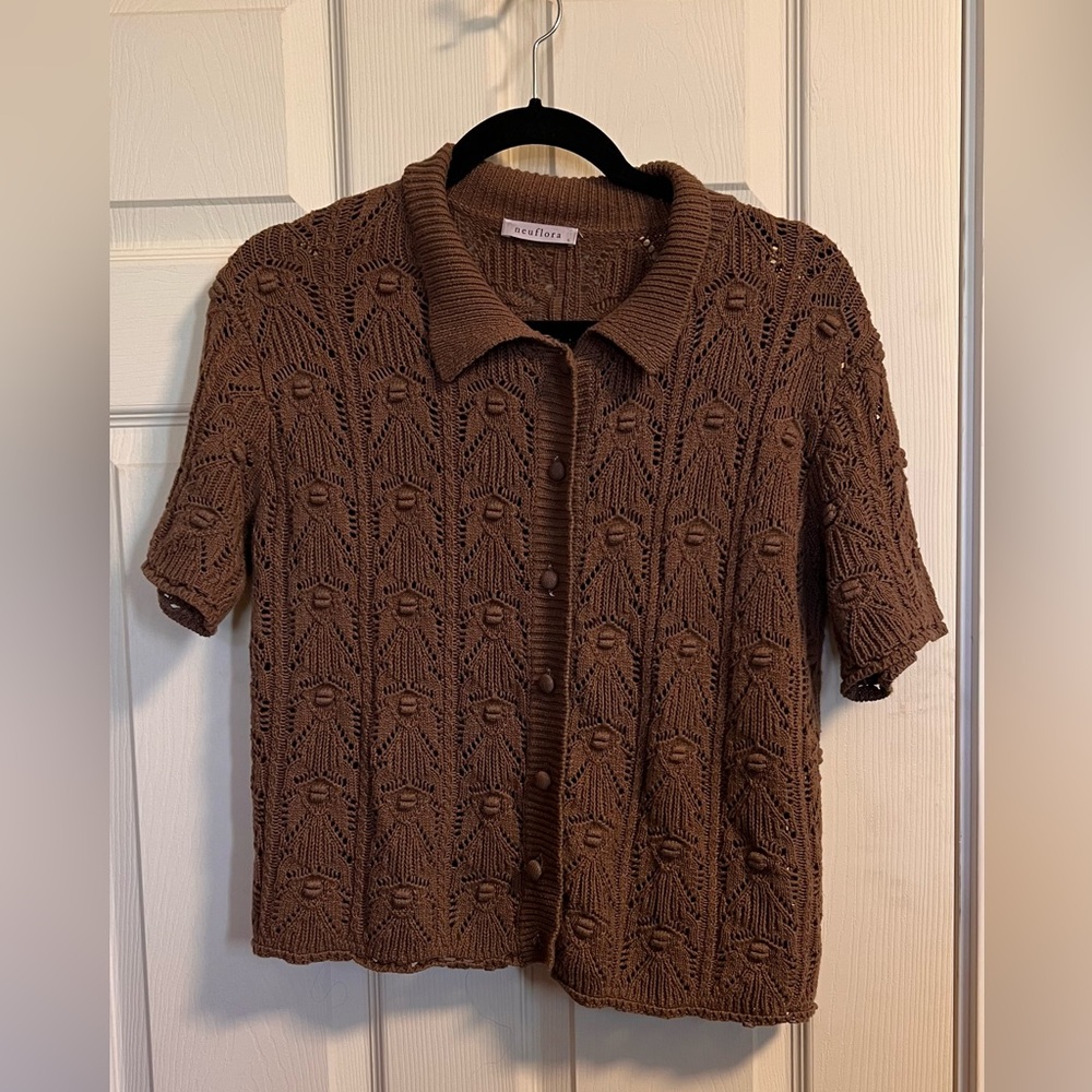 Neuflora Brown Knit Short Sleeve Button-Up Sweater